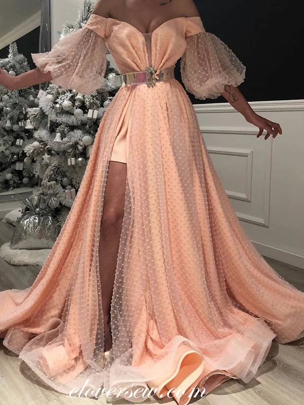 Boho-inspired maxi dress-Peach Tulle Off The Shoulder Lantern Sleeves A-line Prom Dresses,CP0153