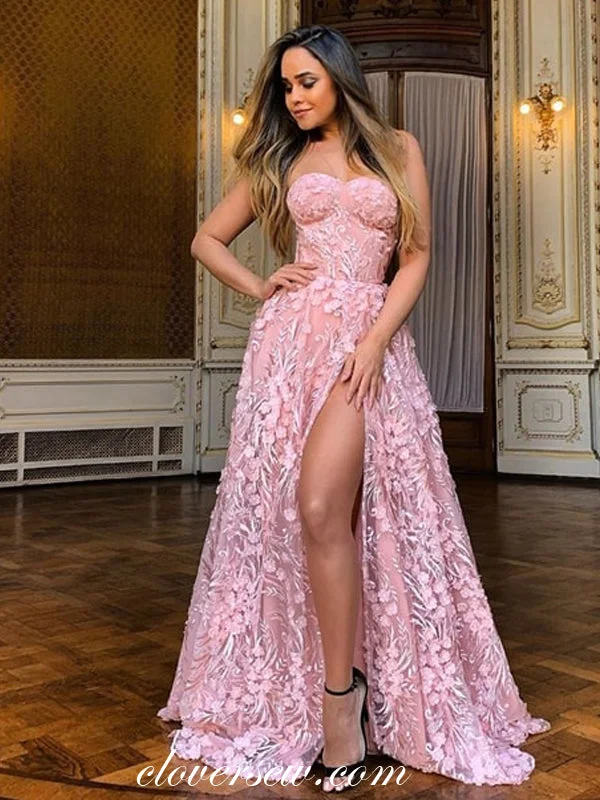 Maxi dress with knot front-Pink 3D Lace Sweetheart Strapless Side Slit A-line Prom Dresses  ,CP0328