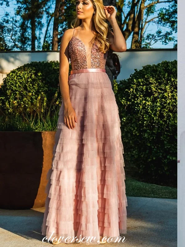 Maxi dress with lace trim-Pink Bead Ruffles Chiffon Spaghetti Strap Tiered Prom Dresses,CP0324