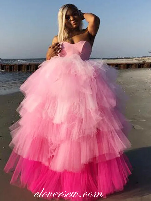 Maxi dress with boho prints-Pink Gradient Tiered Tulle Strapless Ball Gown Prom Dresses,CP0210