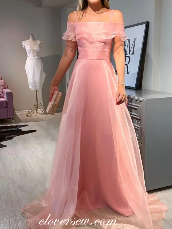 Satin finish maxi dress-Pink Organza Spaghetti Strap Off The Shoulder A-line Prom Dresses,CP0291