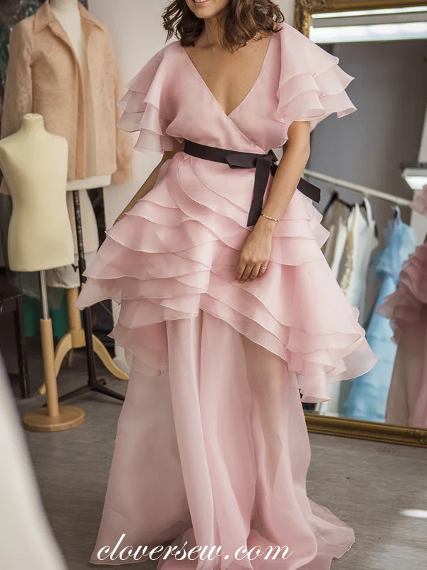 Maxi dress with trumpet sleeves-Pink Organza Tiered Half Sleeves Fashion Design Prom Dresses ,CP0301