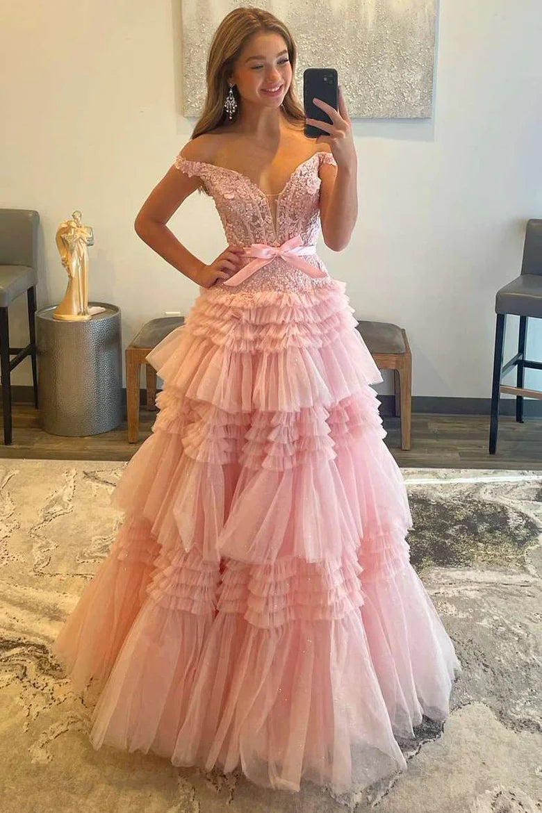 Maxi dress with handkerchief hem-Long Pink Prom Dresses with Bowknot