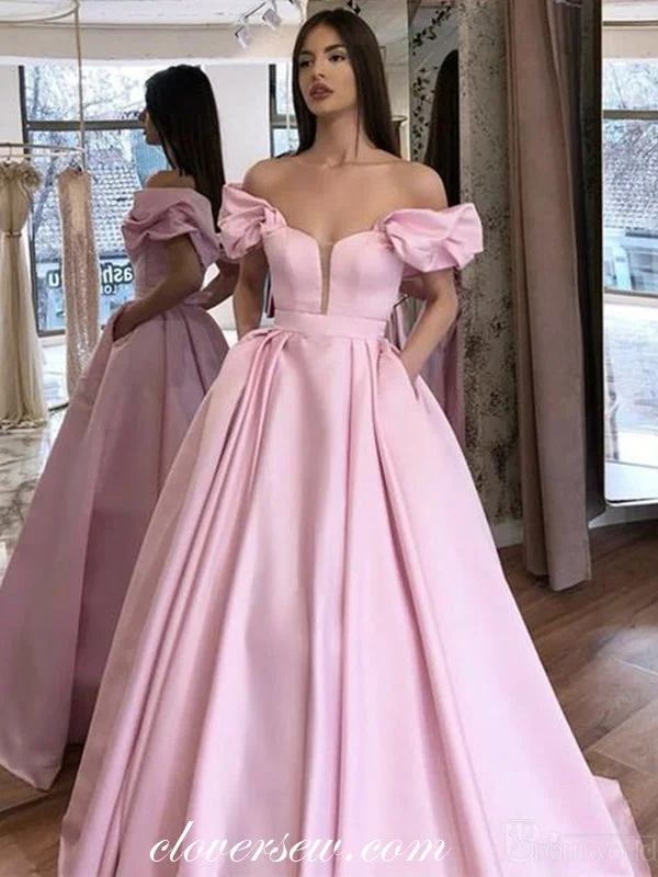 Satin finish maxi dress-Pink Satin Off The Shoulder A-line With Pockets Prom Dresses,CP0159