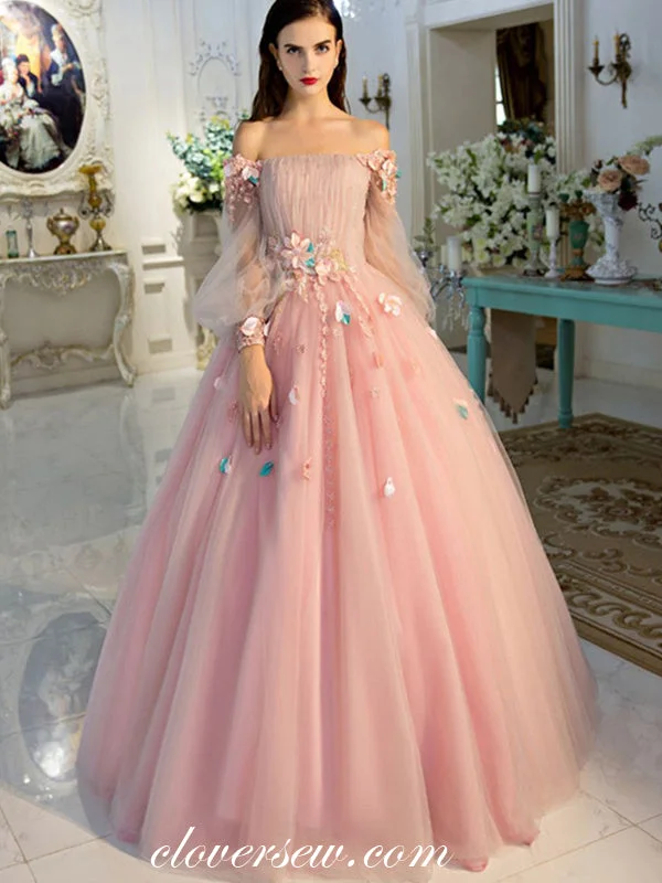 Maxi dress with vintage vibes-Pink Tulle Off The Shoulder Long Sleeves Applique Ball Gown Prom Dresses, CP0100