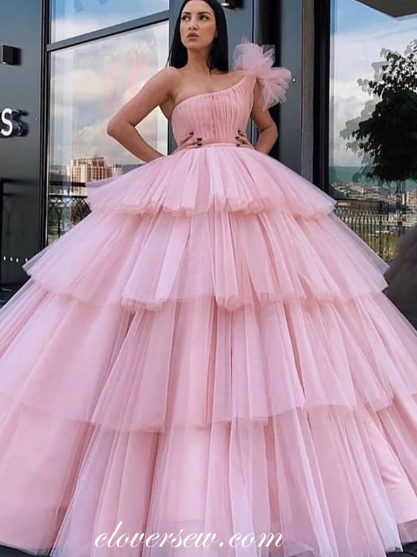 Maxi dress with bow detail-Pink Tulle One Shoulder Tiered Ball Gown Prom Dresses,CP0207