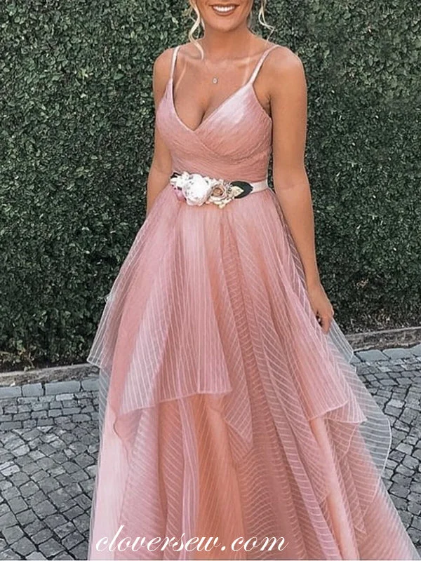 Maxi dress with side pockets-Pink Tulle Spaghetti Strap Ruffles A-line Prom Dresses,CP0311