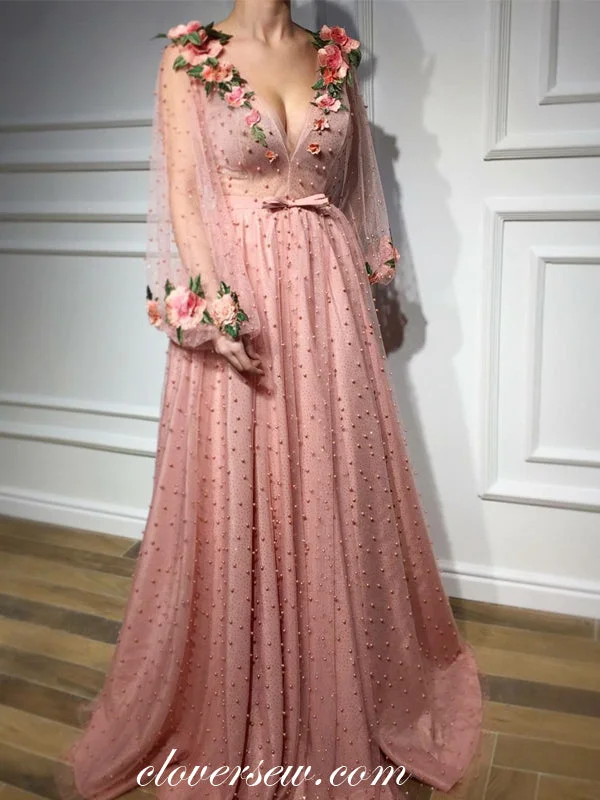 Maxi dress with backless design-Pink Tulle With Beads 3D Appliques Long Sleeves V-neck Prom Dresses , CP0010