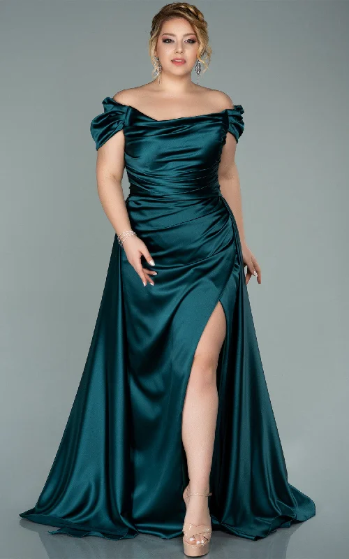 Spaghetti strap maxi dress for summer-Plus Size Charming A Line Satin Prom Dress with Split Front-334447