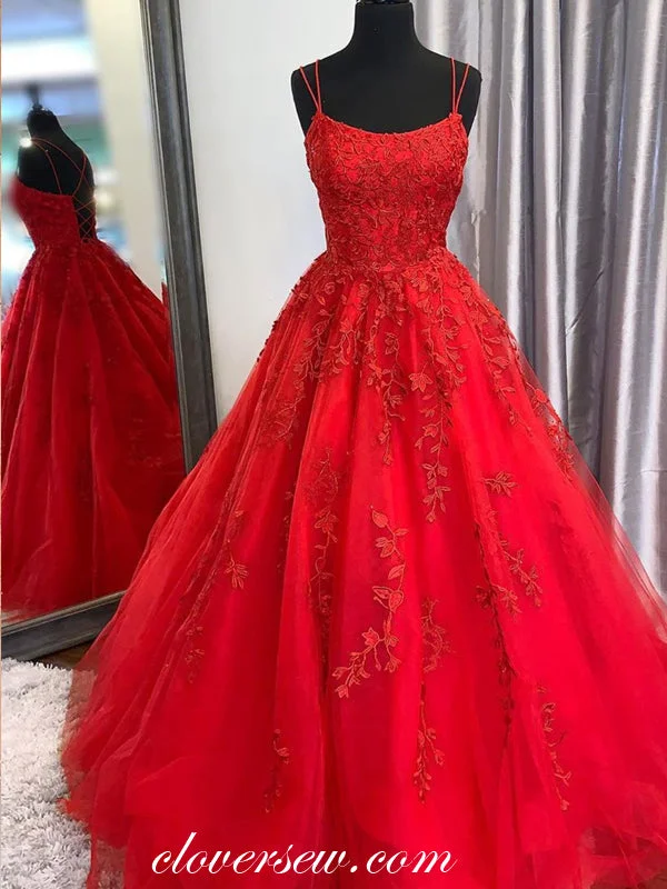 Button-down maxi dress-Popular Red Lace Applique Lace Up Back A-line Prom Dresses,CP0280