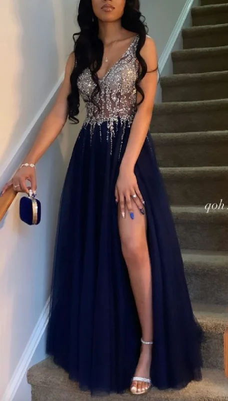 Satin finish maxi dress-Prom Dresses Slit Side Navy Blue with Sequins