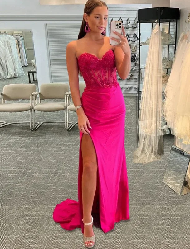 Summer maxi dress with floral print-Prom Dresses Sweetheart Fuchsia Slit Side