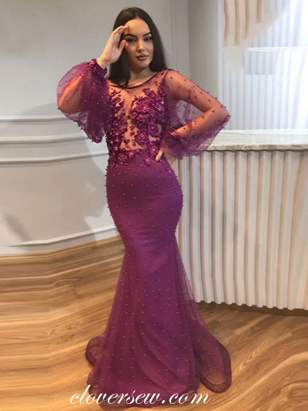 Maxi dress with art deco design-Purple Tulle Long Sleeves See Through Mermaid With Beads Prom Dresses, CP0012