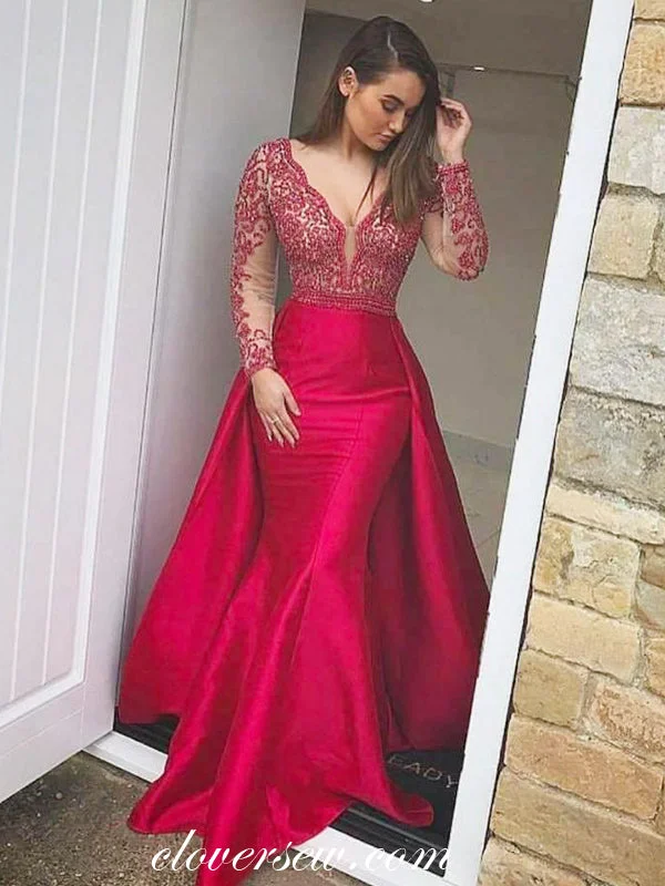 Maxi dress with denim fabric-Red Bead Lace Long Sleeves Detachable Train Mermaid Prom Dresses , CP0060