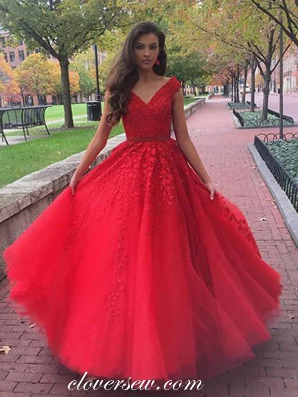 Layered ruffle maxi dress-Red Lace Applique Bead Blet V-neck A-line Prom Dresses,CP0221