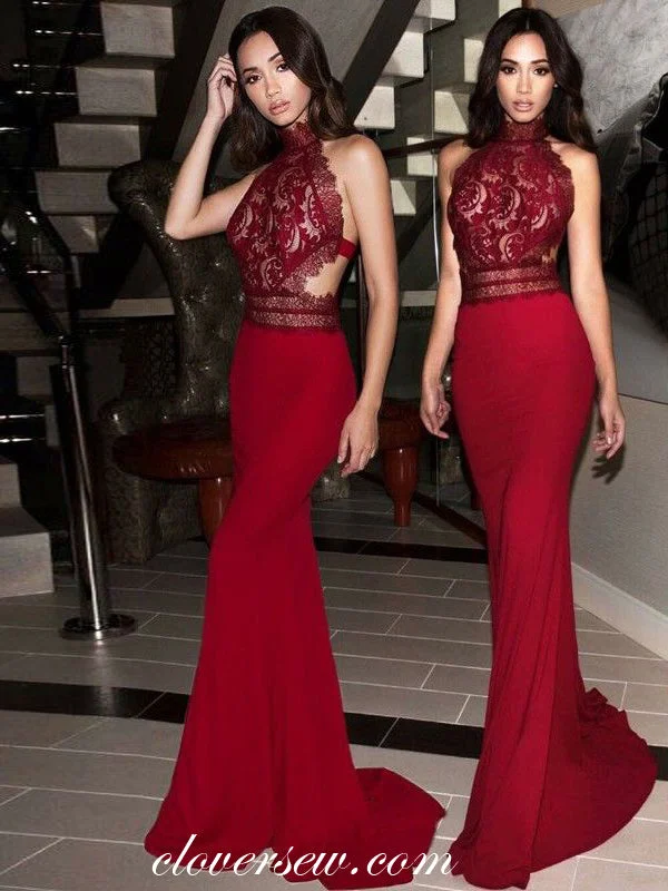 Maxi dress with art deco design-Red Lace Jersey Halter Open Back Sexy Evening Party Dresses, CP0074