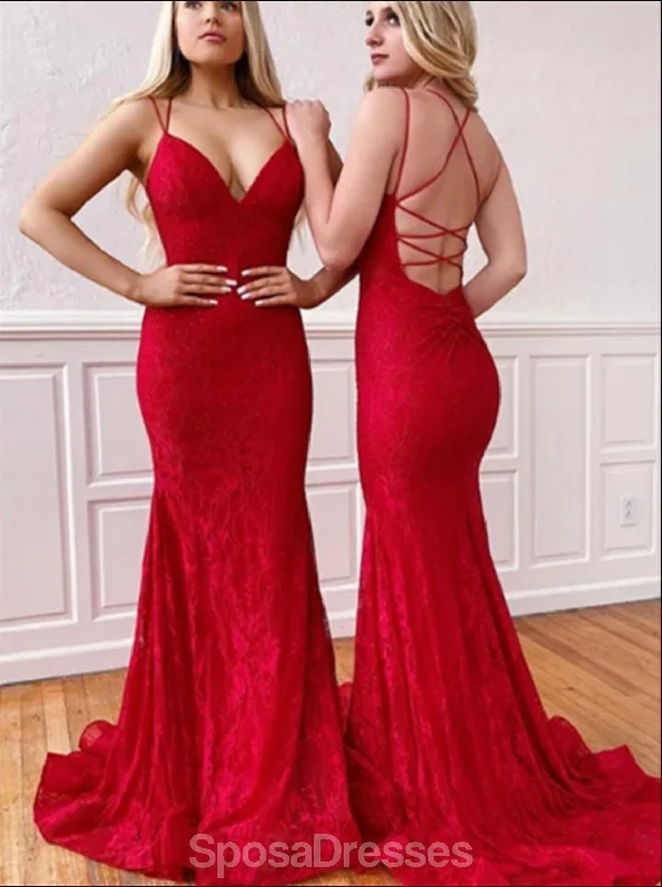 Maxi dress with backless design-Red Lace Mermaid Backless Evening Prom Dresses, Evening Party Prom Dresses, 12196