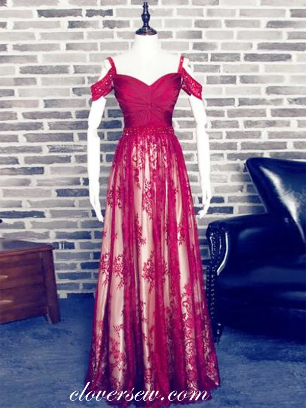 Maxi dress with intricate beading-Red Lace Off The Shoulder A-line Prom Dresses, CP0051