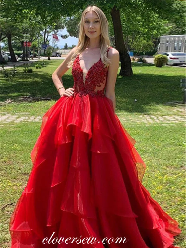 Maxi dress with side drawstrings-Red Lace Organza Ruffles Ball Gown Prom Dresses, CP0042