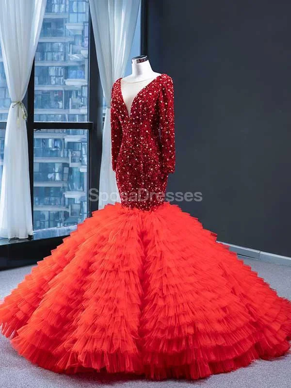 Maxi dress with handkerchief hem-Red Long Sleeves Ruffles Mermaid Evening Prom Dresses, Evening Party Prom Dresses, 12236