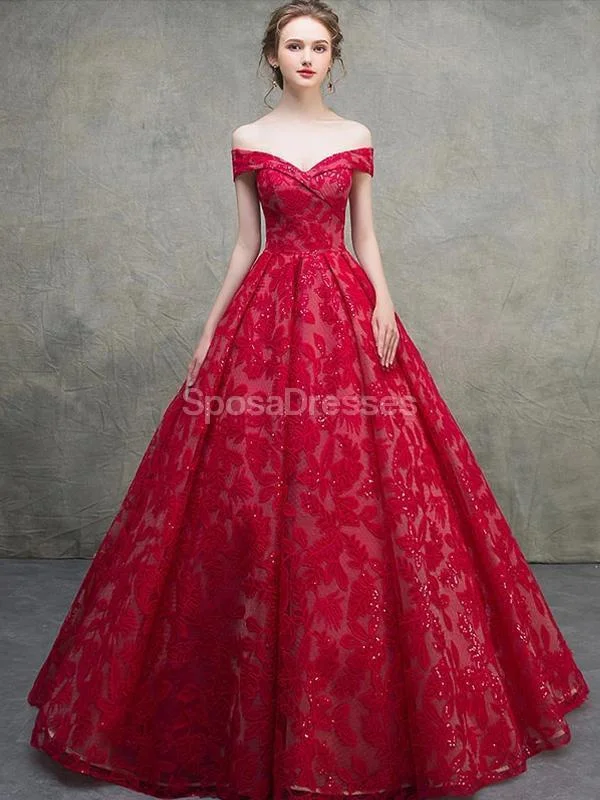 Ruffled hem maxi dress-Red Off Shoulder Lace Ball Gown Long Evening Prom Dresses, Evening Party Prom Dresses, 12216