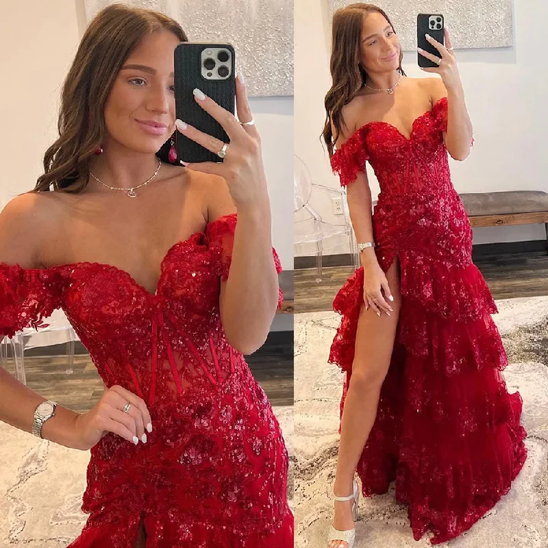 Maxi dress with fringe details-Red Prom Dresses Long Off Shoulder Lace