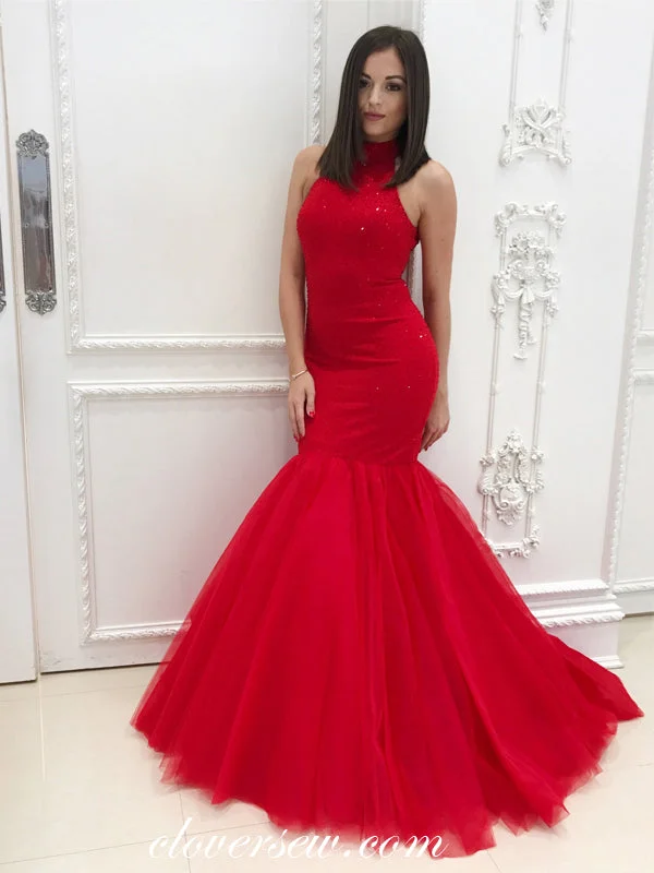 Maxi dress with adjustable straps-Red Tulle Shiny Bead Mermaid Open Back Prom Dresses, CP0075