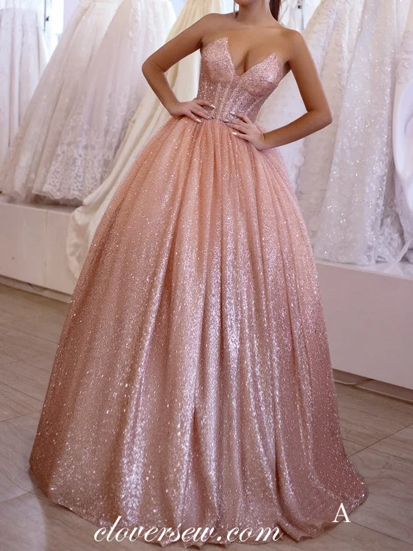 Maxi dress with denim fabric-Rose Pink Sequin Strapless Ball Gown Sparkly Prom Dresses ,CP0198