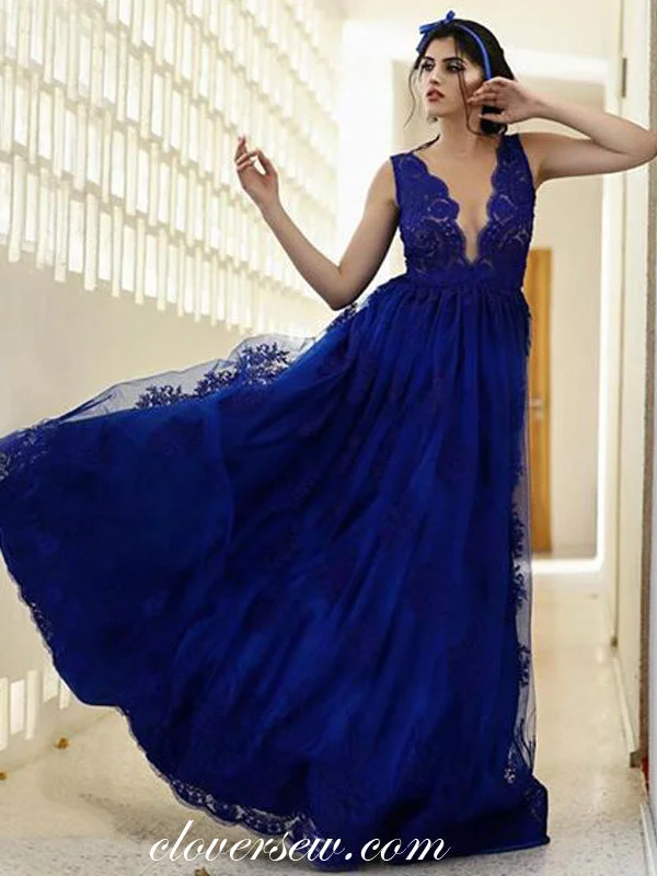 Sequin embellished maxi dress-Royal Blue Lace Sleeveless V-neck A-line Prom Dresses, CP0030