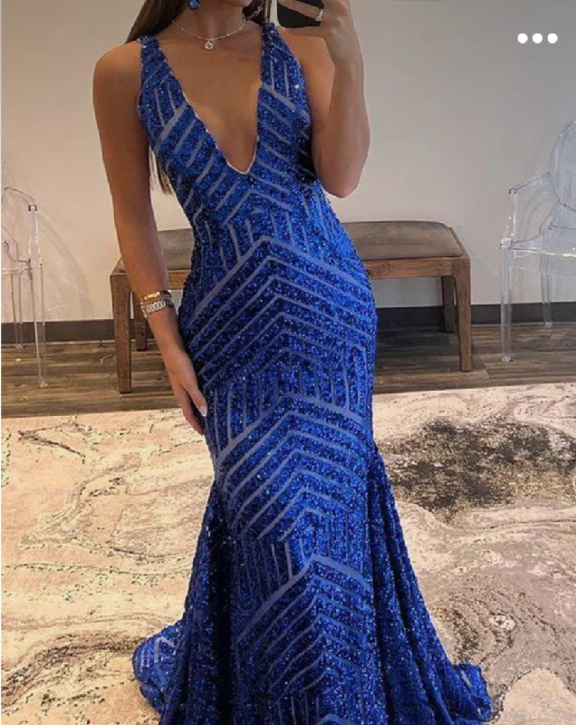 Maxi dress with adjustable waist-Royal Blue Prom Dresses Sequins V Neck