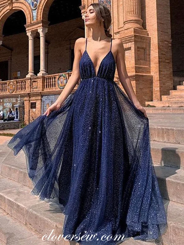 Boho-inspired maxi dress-Royal Blue Sequin Spaghetti Strap Backless Shiny Prom Dresses, CP0023