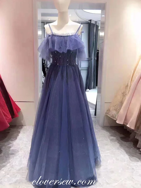 Maxi dress with textured fabric-Royal Blue Shiny Tulle Spaghetti Strap Off The Shoulder A-line Prom Dresses ,CP0167