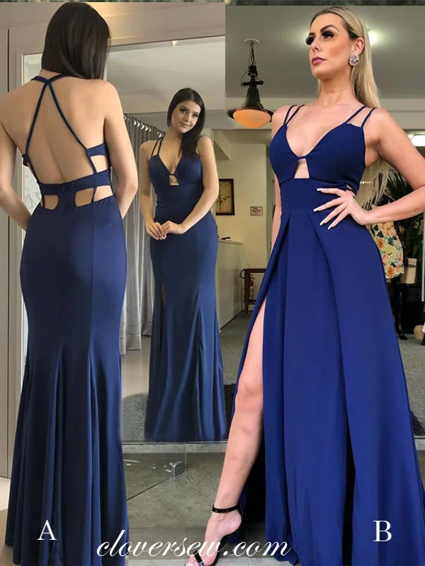 Maxi dress with sheer sleeves-Royal Blue Spaghetti Strap Open Back Mismatched Prom Dresses , CP0044