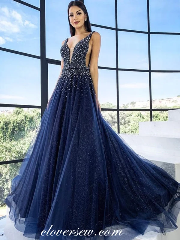 Retro polka dot maxi dress-Royal Blue Tulle Bead Rhinestone Sleeveless A-line Prom Dresses,CP0293