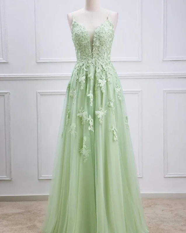 Maxi dress with botanical print-Sage Green Prom Dresses with Appliques Lace