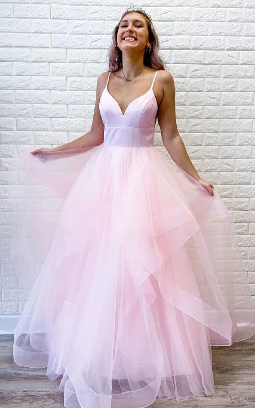 Maxi dress with botanical print-Satin Tulle Floor-length A Line Sleeveless Adorable Prom Dress with Ruffles-334342