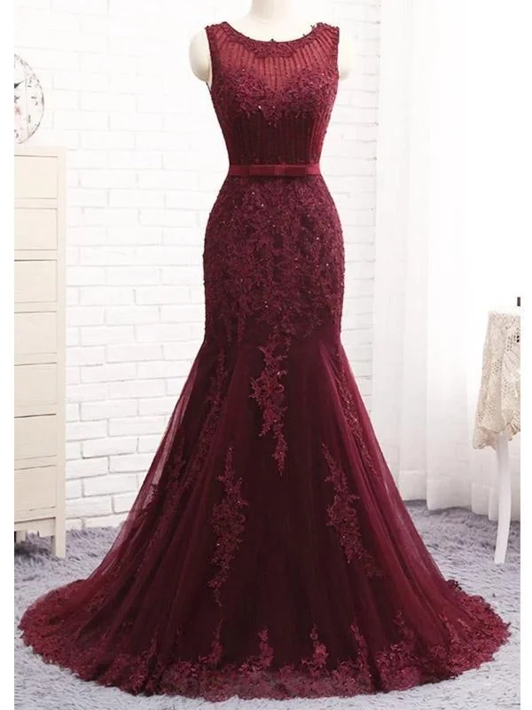 Retro polka dot maxi dress-Scoop Maroon Lace Beaded Mermaid Long Evening Prom Dresses, Evening Party Prom Dresses, 12165