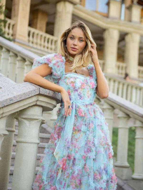 Maxi dress with botanical print-Scoop Princess Floral Puff Sleeves Bow Tie Tulle Ruffled Prom Dresses