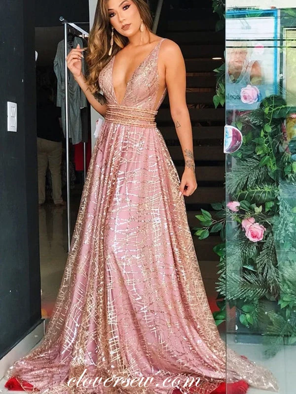 Maxi dress with shirred bodice-Sequin Lace Sleeveless V-neck Dusty Pink A-line Prom Dresses,CP0314