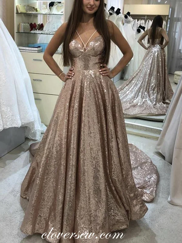 Maxi dress with flutter sleeves-Sequin Spaghetti Strap Criss Cross A-line With Train Prom Dresses,CP0191