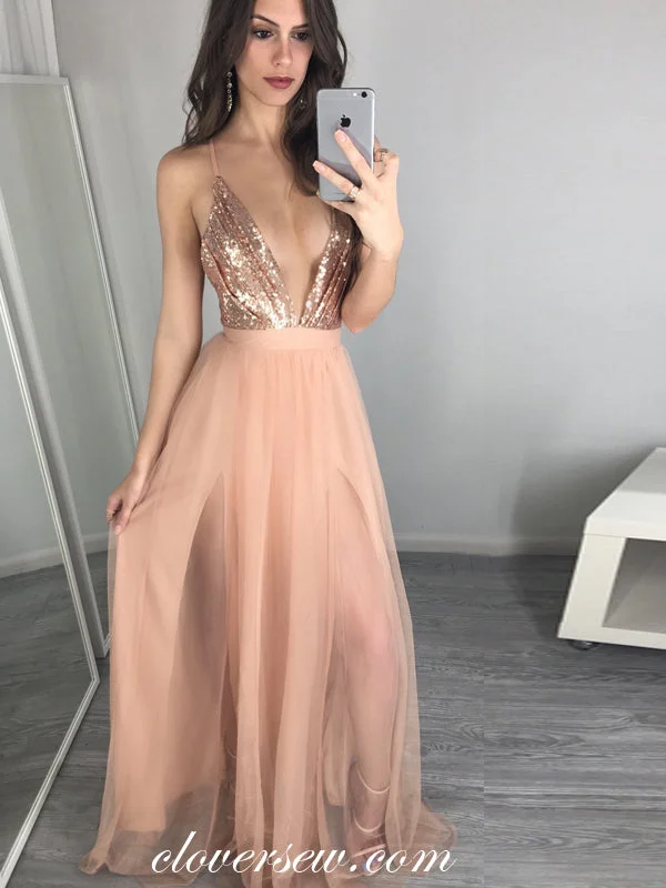 Maxi dress with sheer panels-Sequin Top Tulle Spaghetti Strap Backless A-line Prom Dresses,CP0252