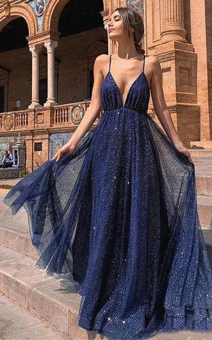 Maxi dress with side drawstrings-Sequins Floor-length Sweep Train A Line Sleeveless Casual Prom Evening Dress-334333