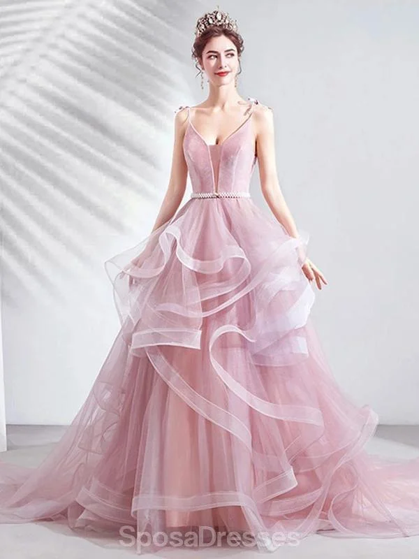 Maxi dress with bishop sleeves-Pink V-Neck A-line Ruffle Evening Prom Dresses, Evening Party Prom Dresses, 12210