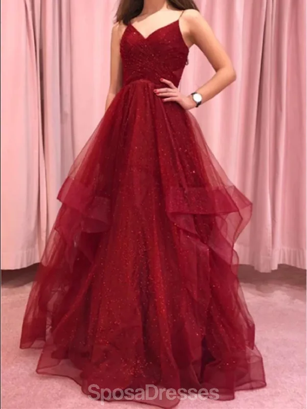 Maxi dress with beaded details-Sexy Backless Dark Red A-line Ruffle Evening Prom Dresses, Evening Party Prom Dresses, 12194