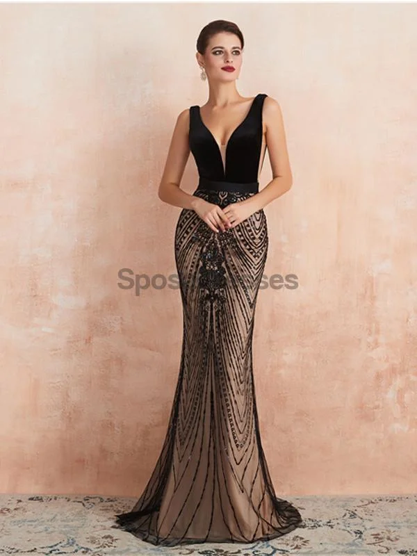 Maxi dress with fringe details-Sexy Backless V Neck Black Evening Prom Dresses, Evening Party Prom Dresses, 12132