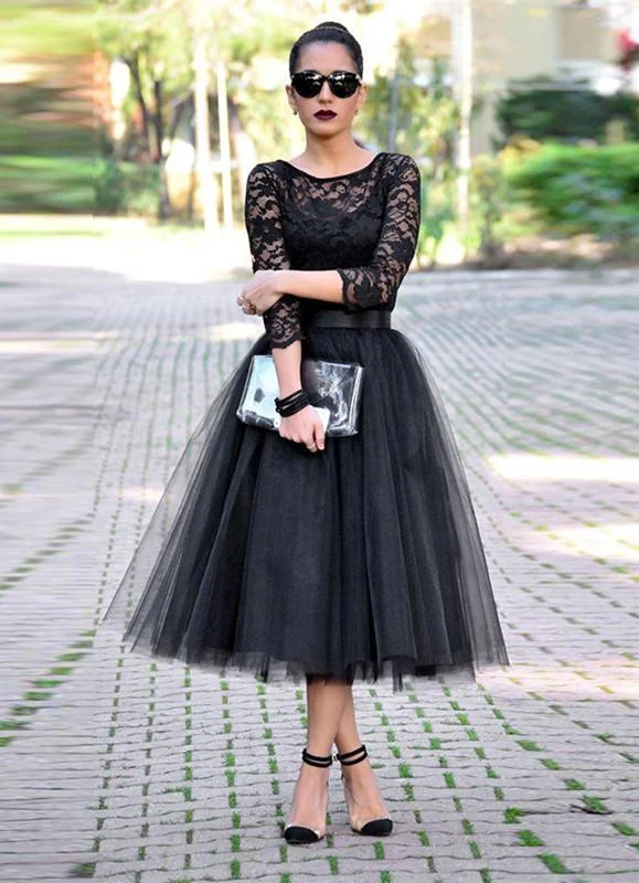 Sweetheart neckline maxi dress-Sexy Black Lace 3 4 Sleeve Prom Dresses 2016 Tulle Tea-Length-318851