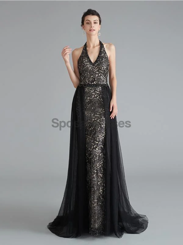 Maxi dress with shirred bodice-Sexy Halter Black Mermaid Lace Evening Prom Dresses, Evening Party Prom Dresses, 12124