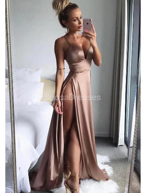 Maxi dress with textured fabric-Sexy Side Slit Spaghetti Straps Long Evening Prom Dresses, Evening Party Prom Dresses, 12223