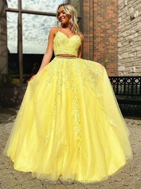 Maxi dress with boho prints-Sexy Two Pieces Yellow Lace Evening Prom Dresses, Evening Party Prom Dresses, 12142