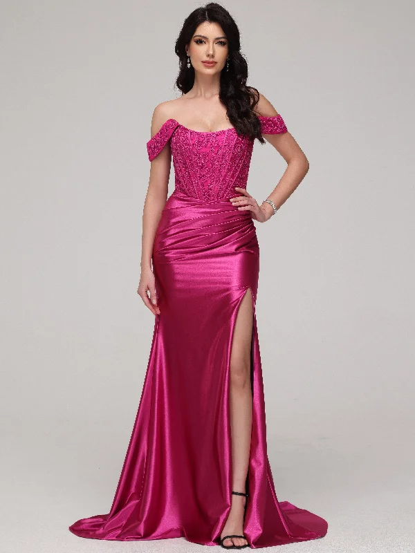 Casual chic maxi dress-Sheath/Column Off The Shoulder Lace Strapless Sweep Train Prom Dress With Split